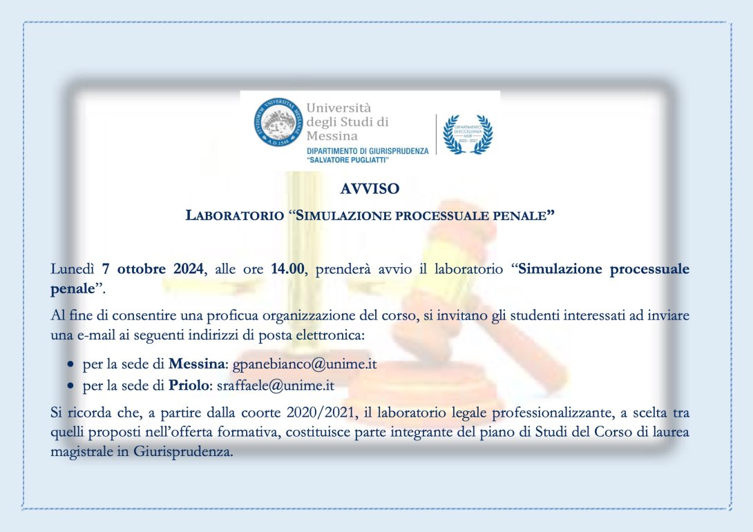 Avviso laboratorio simulazione processuale penale